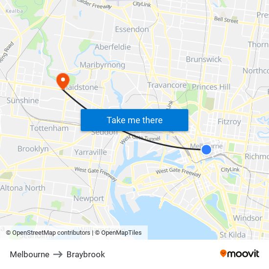 Melbourne to Braybrook map