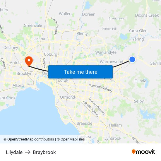 Lilydale to Braybrook map