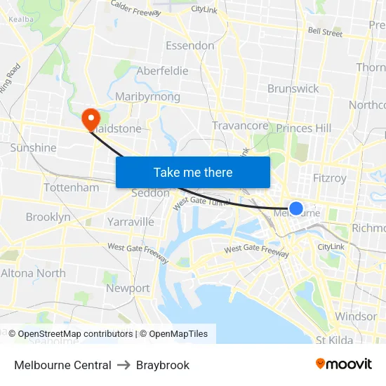 Melbourne Central to Braybrook map
