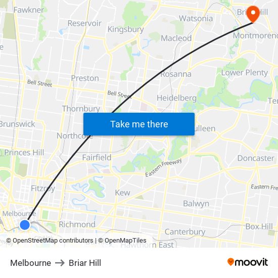 Melbourne to Briar Hill map