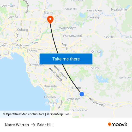 Narre Warren to Briar Hill map