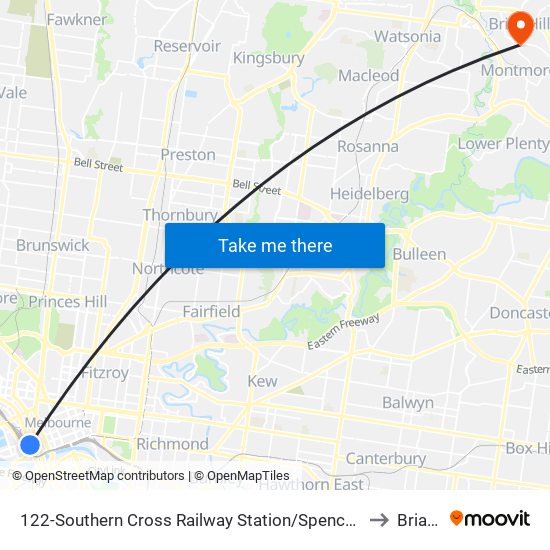 122-Southern Cross Railway Station/Spencer St (Melbourne City) to Briar Hill map