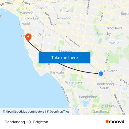 Dandenong to Brighton map