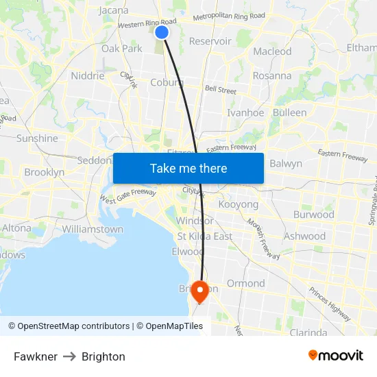 Fawkner to Brighton map