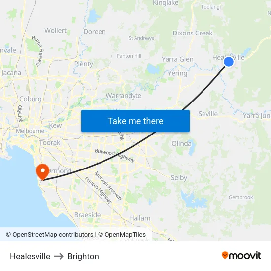 Healesville to Brighton map
