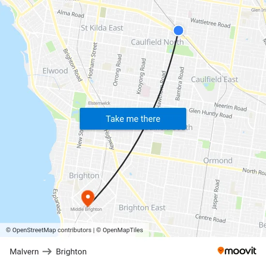 Malvern to Brighton map