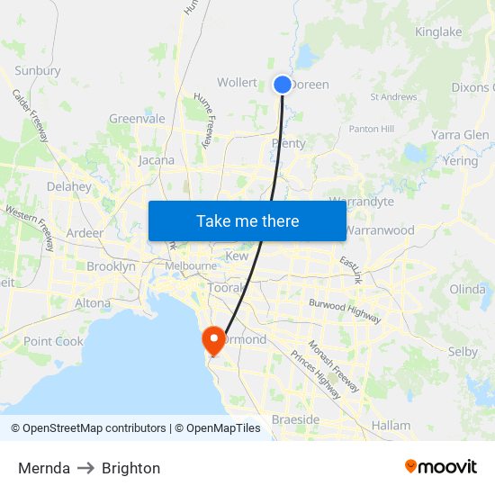 Mernda to Brighton map