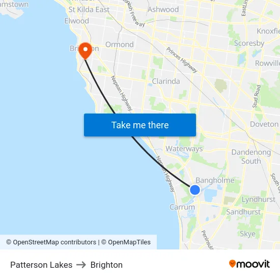 Patterson Lakes to Brighton map