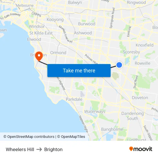 Wheelers Hill to Brighton map