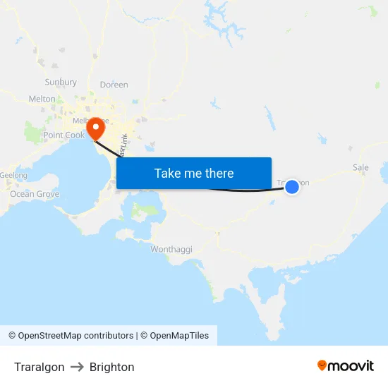 Traralgon to Brighton map