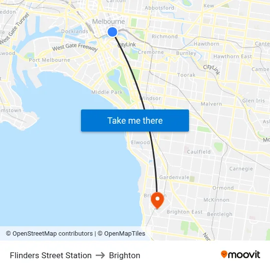 Flinders Street Station to Brighton map