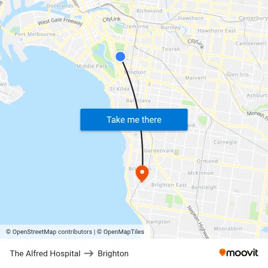 The Alfred Hospital to Brighton map