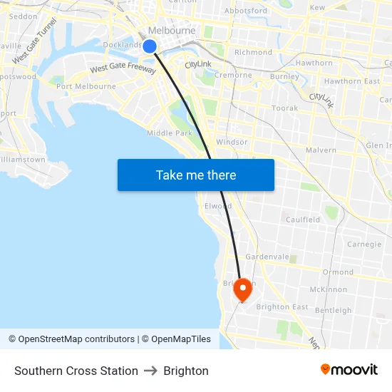Southern Cross Station to Brighton map