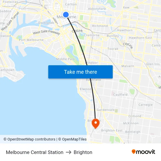 Melbourne Central Station to Brighton map