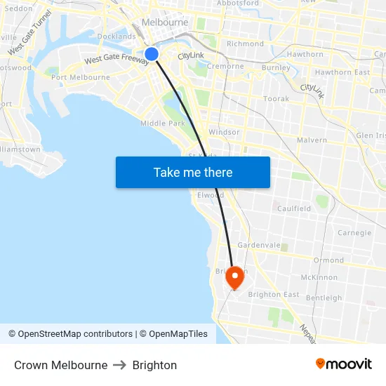 Crown Melbourne to Brighton map