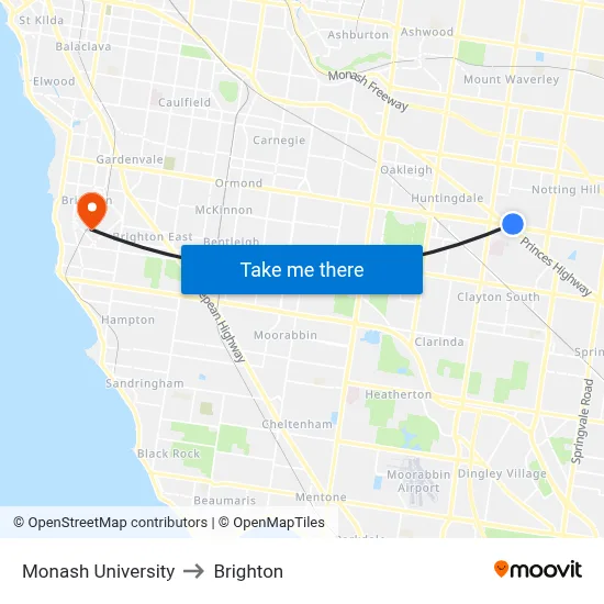 Monash University to Brighton map