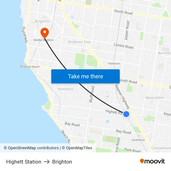 Highett Station to Brighton map