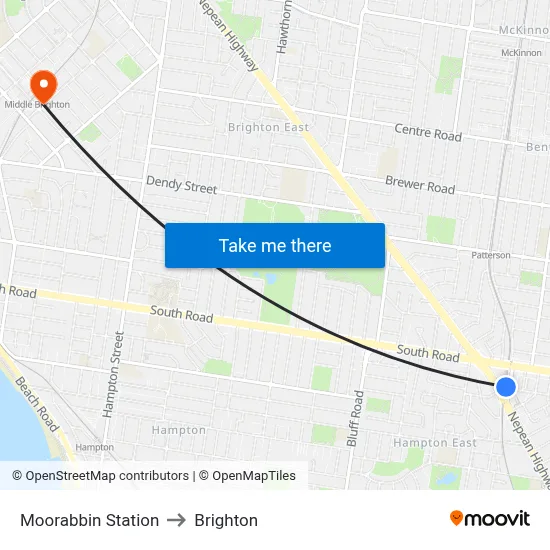 Moorabbin Station to Brighton map