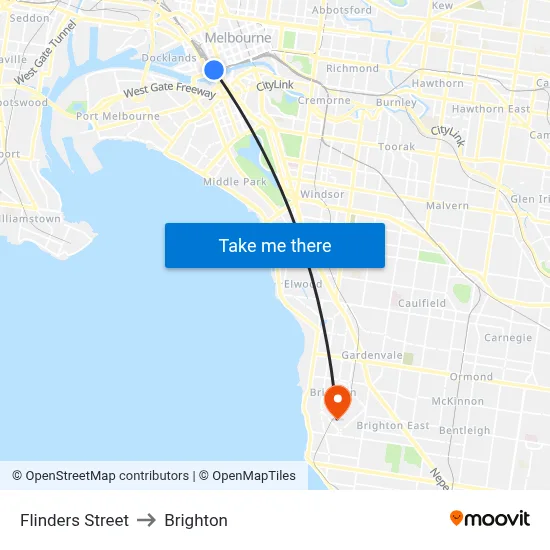 Flinders Street to Brighton map