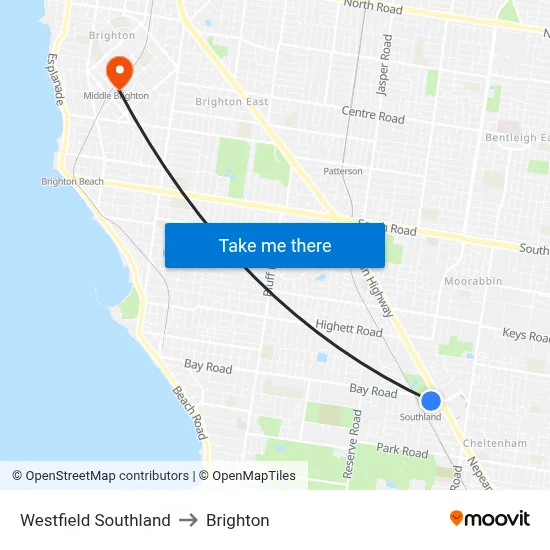 Westfield Southland to Brighton map