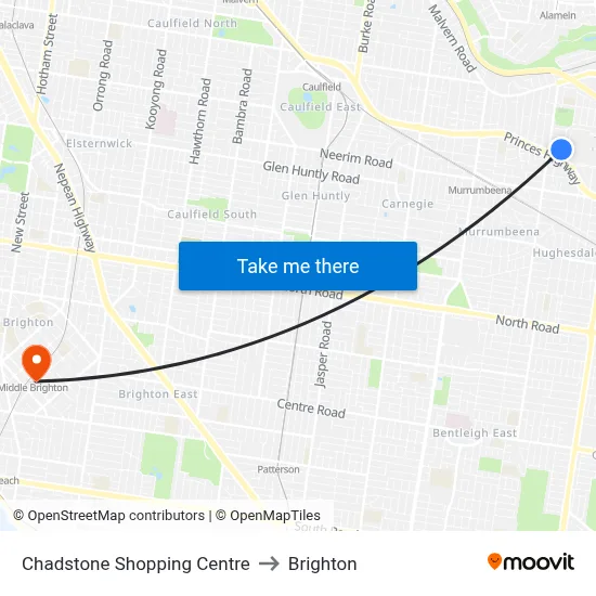 Chadstone Shopping Centre to Brighton map