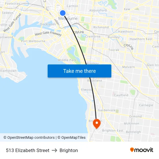 513 Elizabeth Street to Brighton map