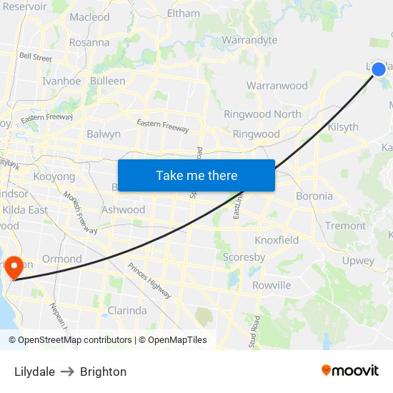 Lilydale to Brighton map