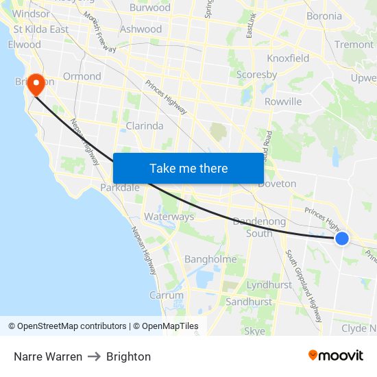 Narre Warren to Brighton map