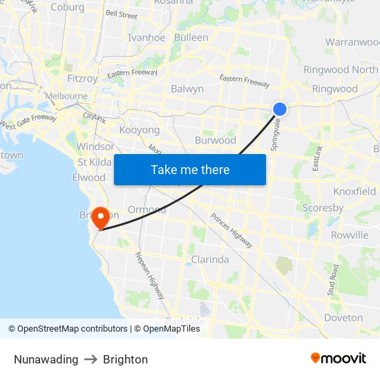 Nunawading to Brighton map