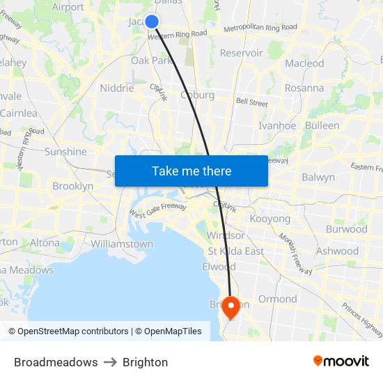 Broadmeadows to Brighton map