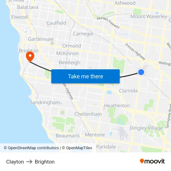 Clayton to Brighton map