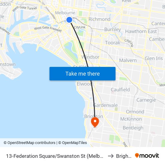 13-Federation Square/Swanston St (Melbourne City) to Brighton map