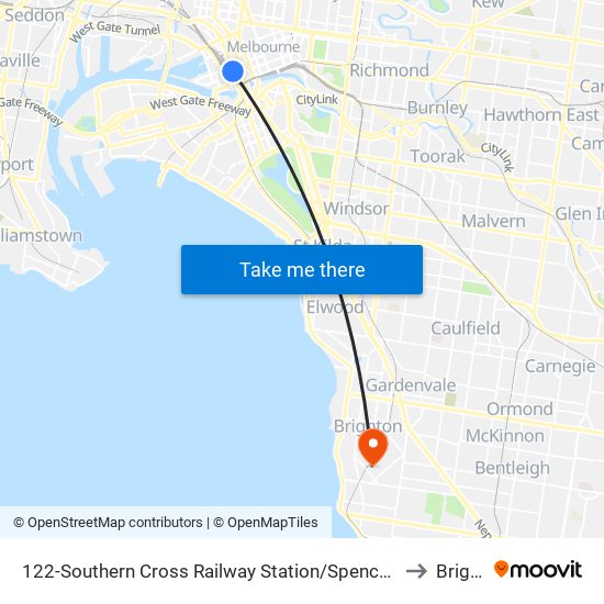 122-Southern Cross Railway Station/Spencer St (Melbourne City) to Brighton map