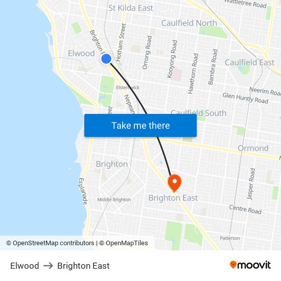 Elwood to Brighton East map