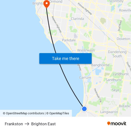 Frankston to Brighton East map