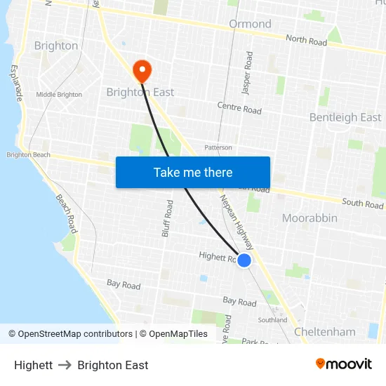 Highett to Brighton East map