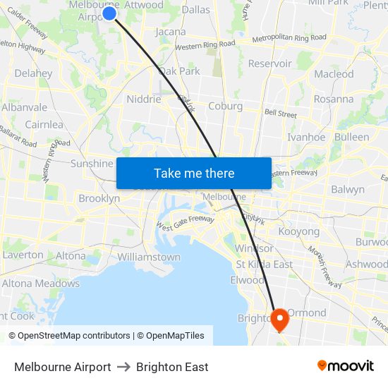 Melbourne Airport to Brighton East map