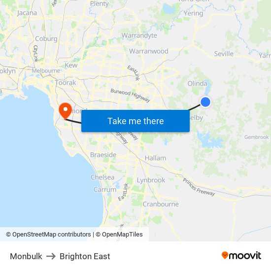 Monbulk to Brighton East map