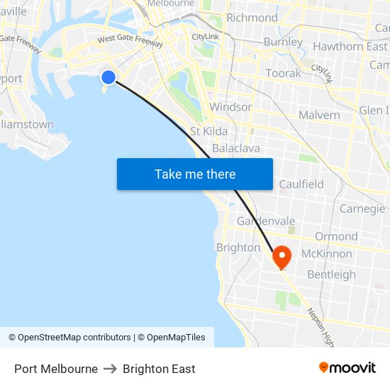 Port Melbourne to Brighton East map