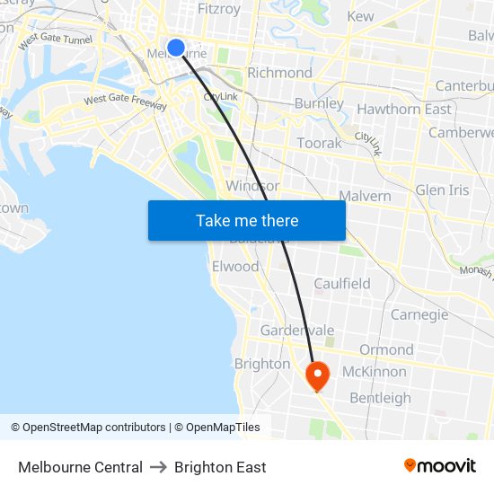 Melbourne Central to Brighton East map