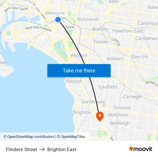 Flinders Street to Brighton East map