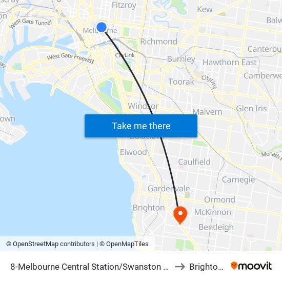 8-Melbourne Central Station/Swanston St (Melbourne City) to Brighton East map