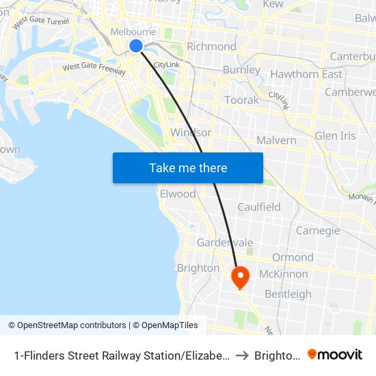 1-Flinders Street Railway Station/Elizabeth St (Melbourne City) to Brighton East map