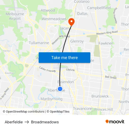 Aberfeldie to Broadmeadows map