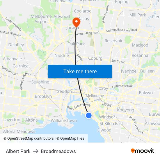 Albert Park to Broadmeadows map