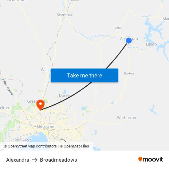 Alexandra to Broadmeadows map