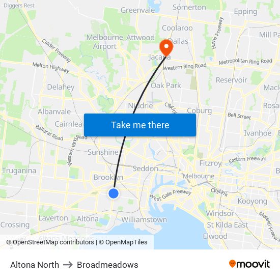 Altona North to Broadmeadows map