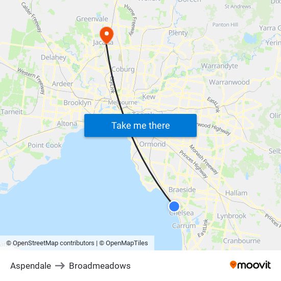 Aspendale to Broadmeadows map