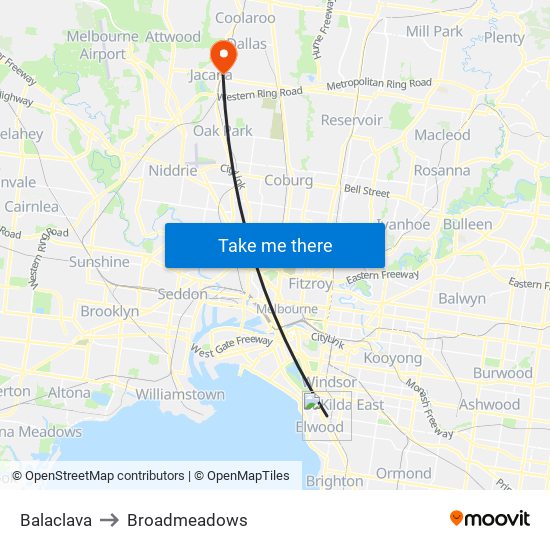 Balaclava to Broadmeadows map