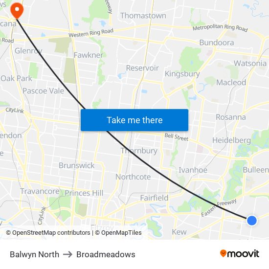 Balwyn North to Broadmeadows map